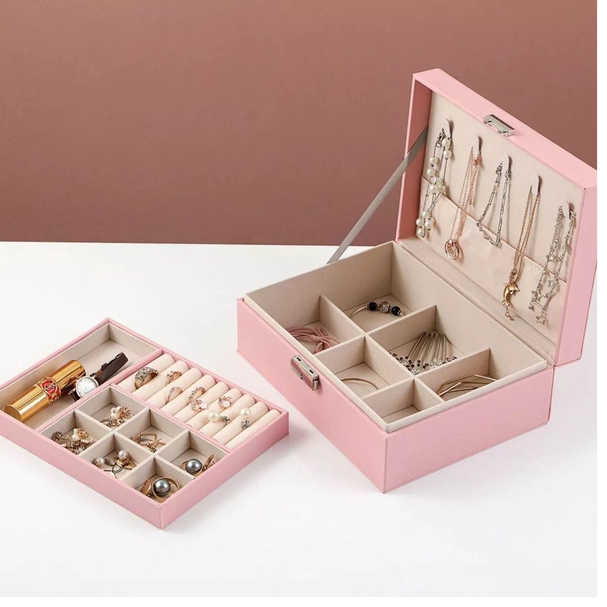 OEM - Organizador de Joyas de Cuero Multifuncional de 2 Capas con Cerradura