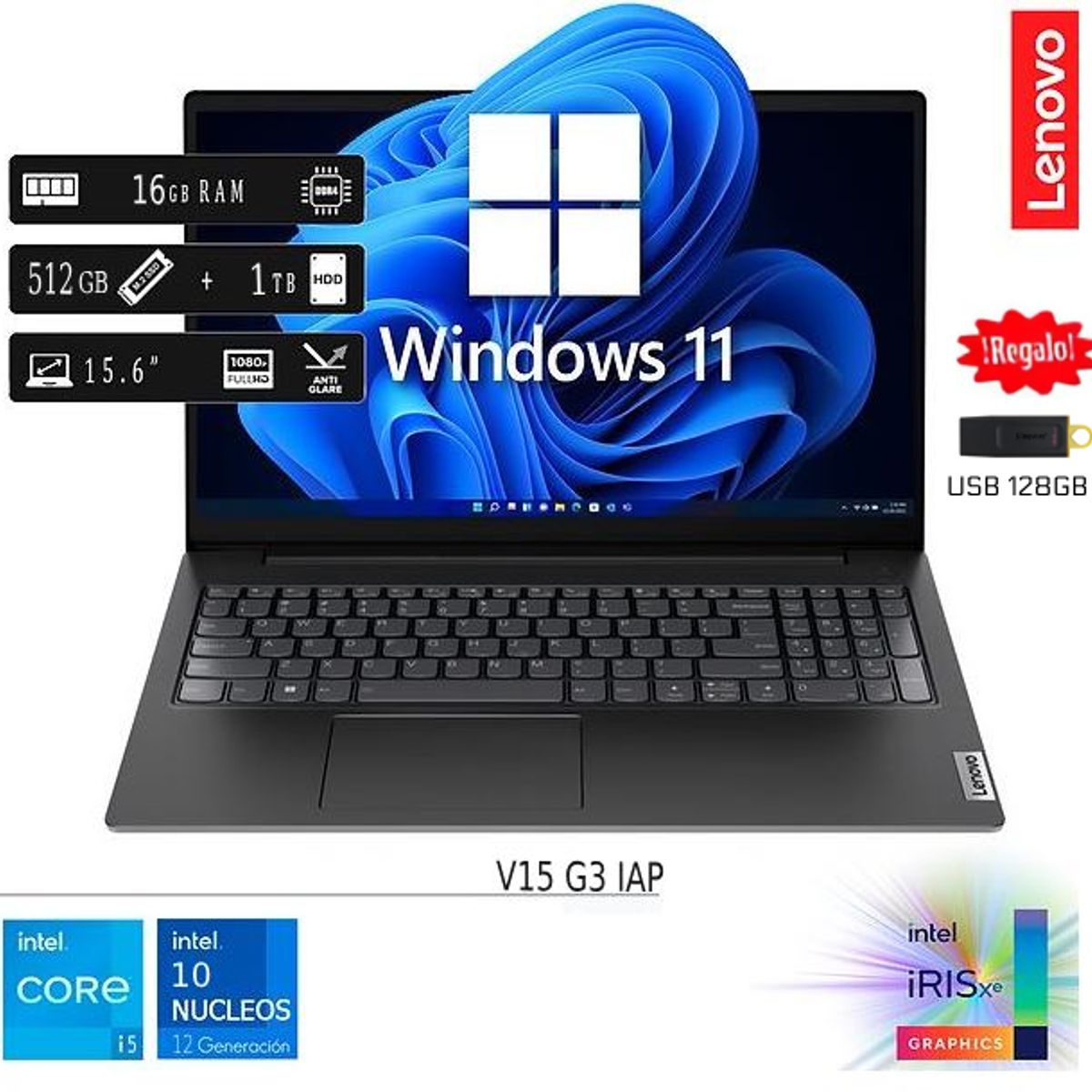 LENOVO - Laptop Nueva Lenovo V15 G3 IAP Core I5 12va Gen 16GB RAM 512GB SSD 1TB HDD EXTERNO + USB 128GB