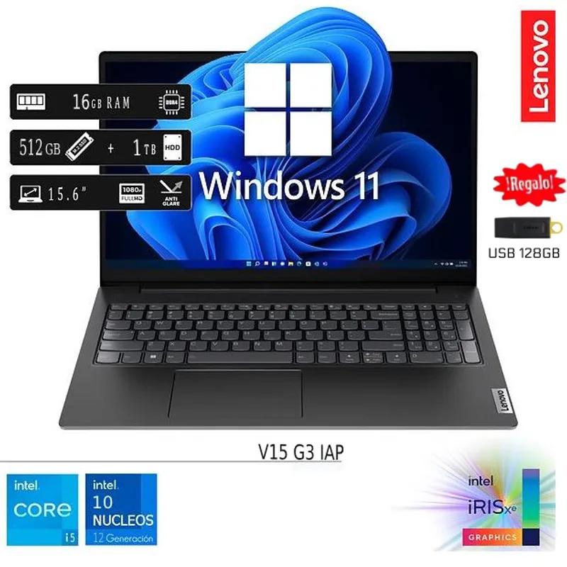 LENOVO - Laptop Nueva Lenovo V15 G3 IAP Core I5 12va Gen 16GB RAM 512GB SSD 1TB HDD EXTERNO + USB 128GB