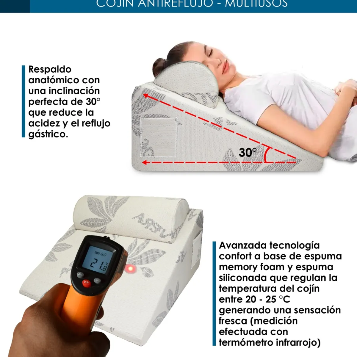 TERAFLEX - COJIN ANTIREFLUJO Y ALMOHADA MEMORY FOAM MULTIUSOS 64x60x36 CM