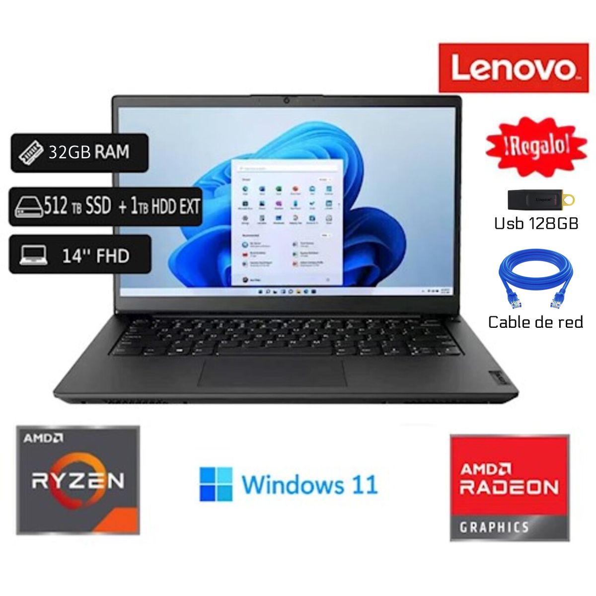 LENOVO - Laptop Lenovo Nueva K14 AMD Ryzen 5400 32GB RAM 512 SSD + 1TB HDD EXT + USB 128GB +Cable Internet