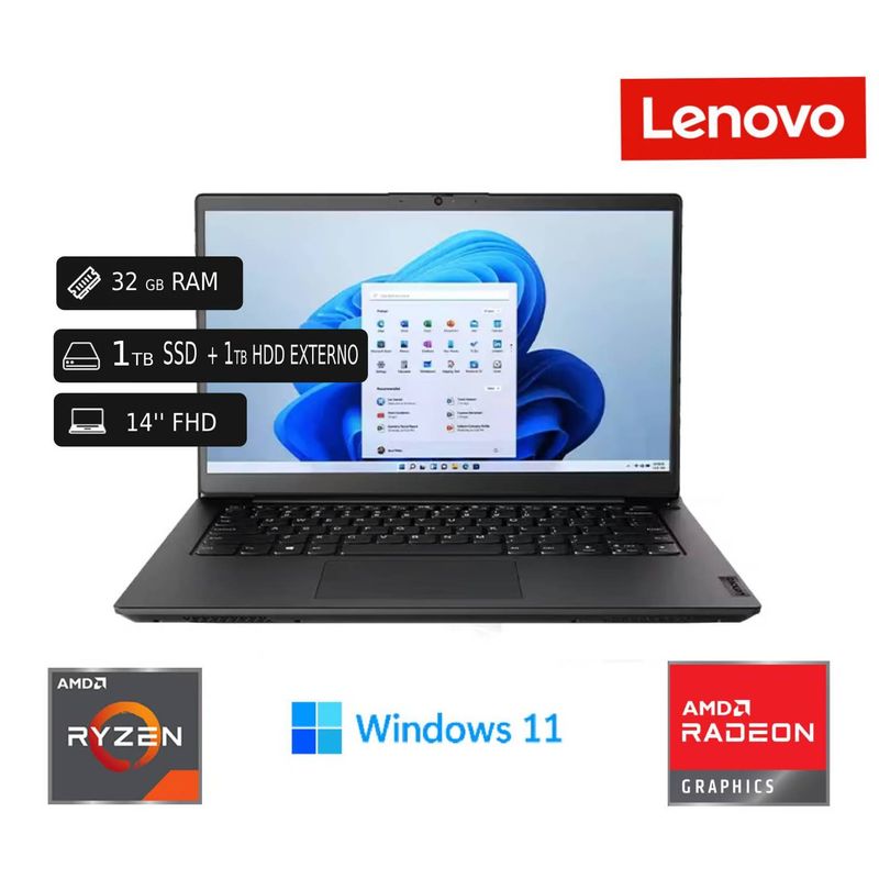 LENOVO - Laptop Lenovo Nueva K14 AMD Ryzen 5400 32GB RAM 512 SSD + 1TB HDD EXT + USB 128GB +Cable Internet