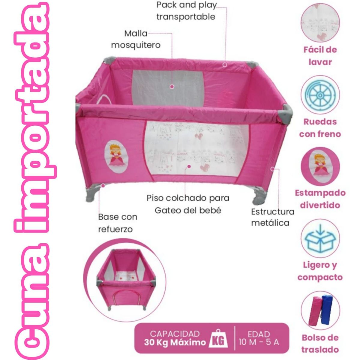 GENERICO - Cuna Corral Importado Fácil de Lavar ROSA