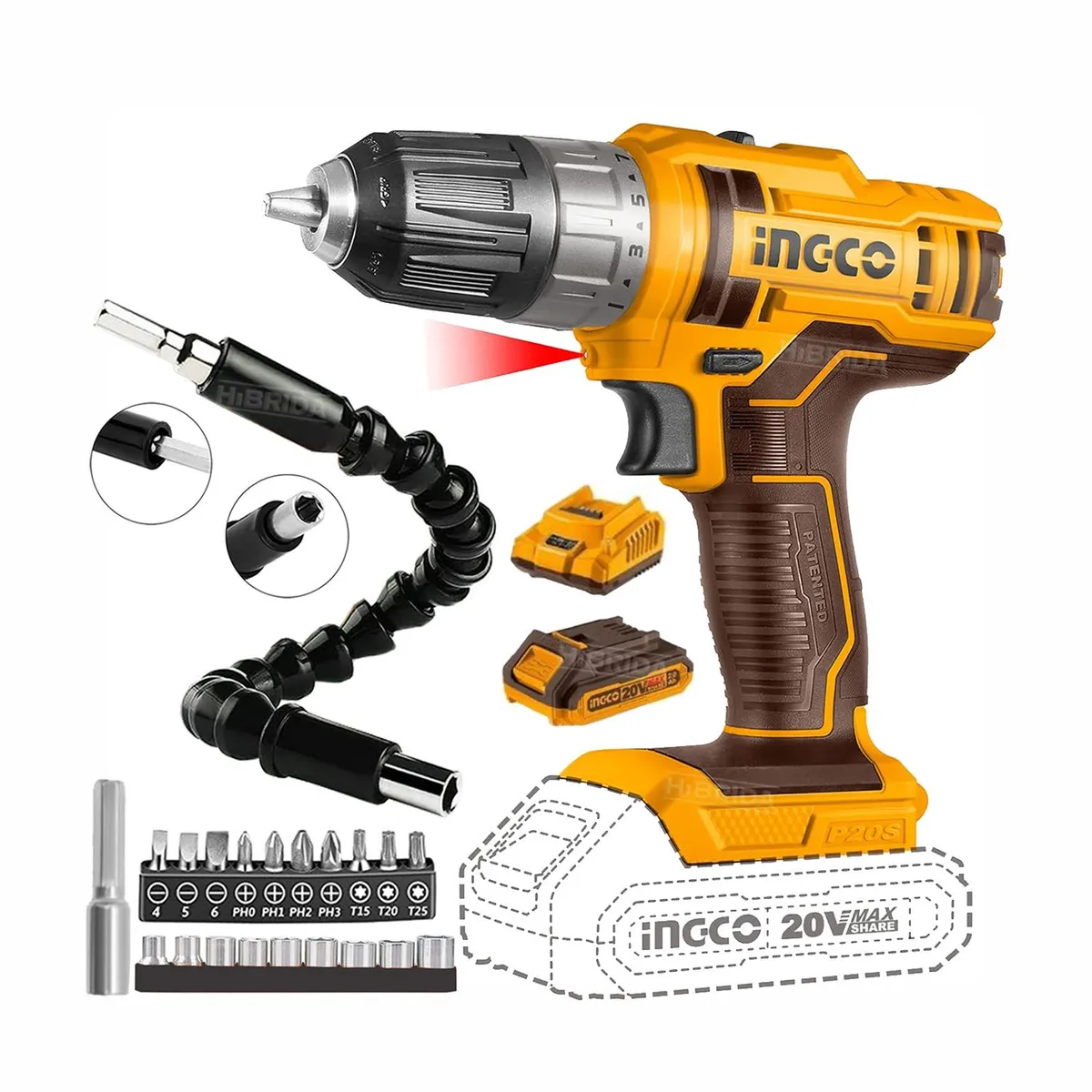 INGCO TOOLS - Taladro Atornillador Inalámbrico 20v + 21 Accesorios Ingco 2000mAh