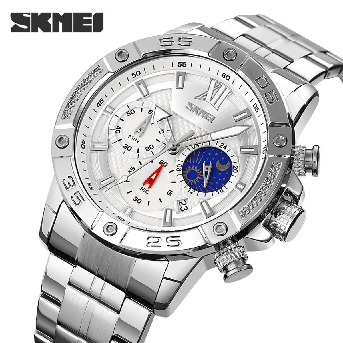 SKMEI - Reloj Skmei 9235 MOON PHASE Plateado Cronómetro