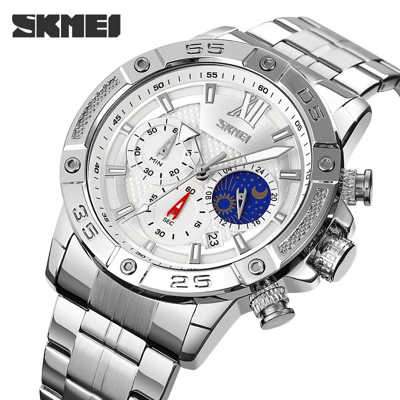 SKMEI - Reloj Skmei 9235 MOON PHASE Plateado Cronómetro