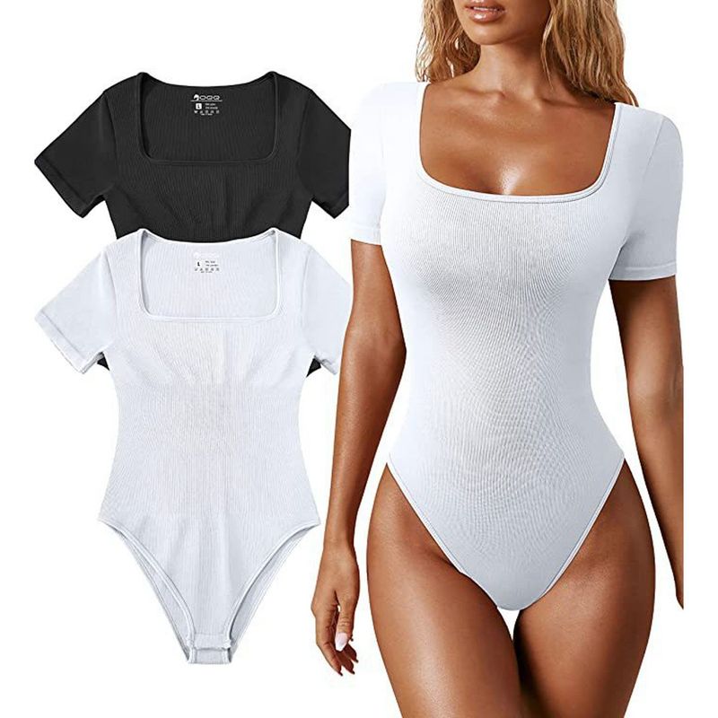 DENISASAA - Color sólido Body de una pieza con cuello cuadrado y manga corta