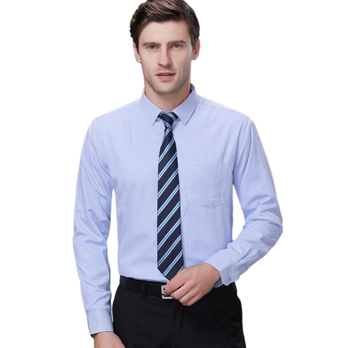 DENISASAA - Camisa casual de algodón de manga larga a rayas para hombre