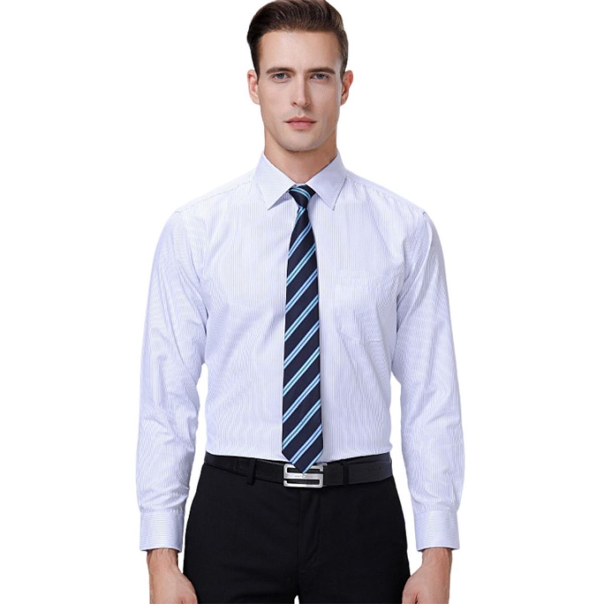 DENISASAA - Camisa casual de algodón de manga larga a rayas para hombre