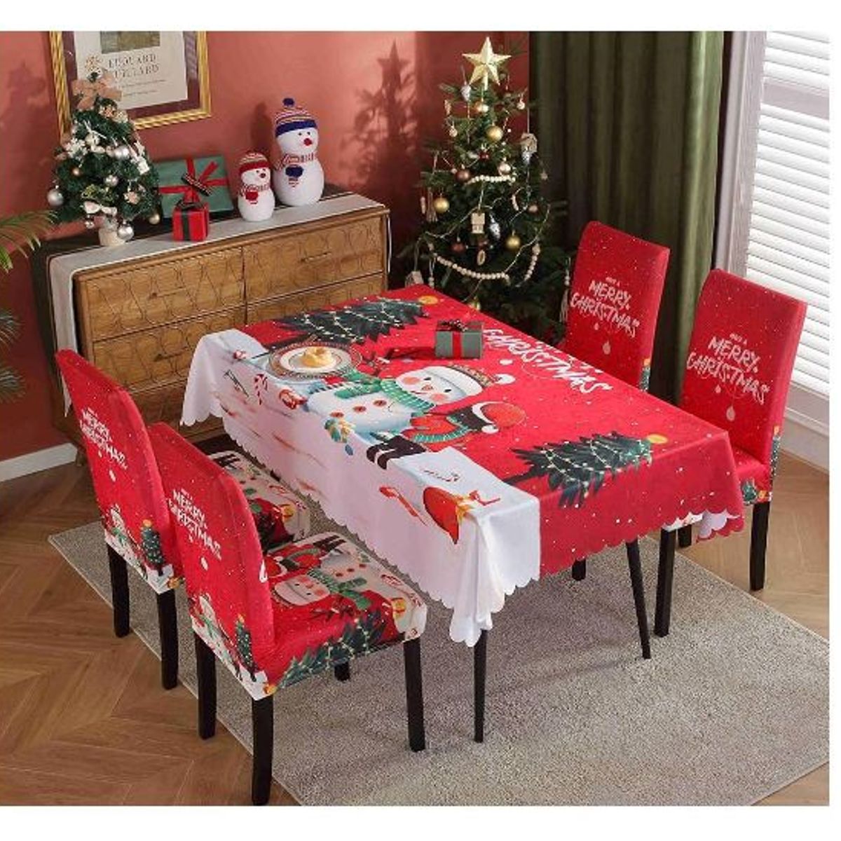 GENERICO - Mantel Navideño + 04 Forros Funda De Silla Decoración Navidad Pack 5 unds