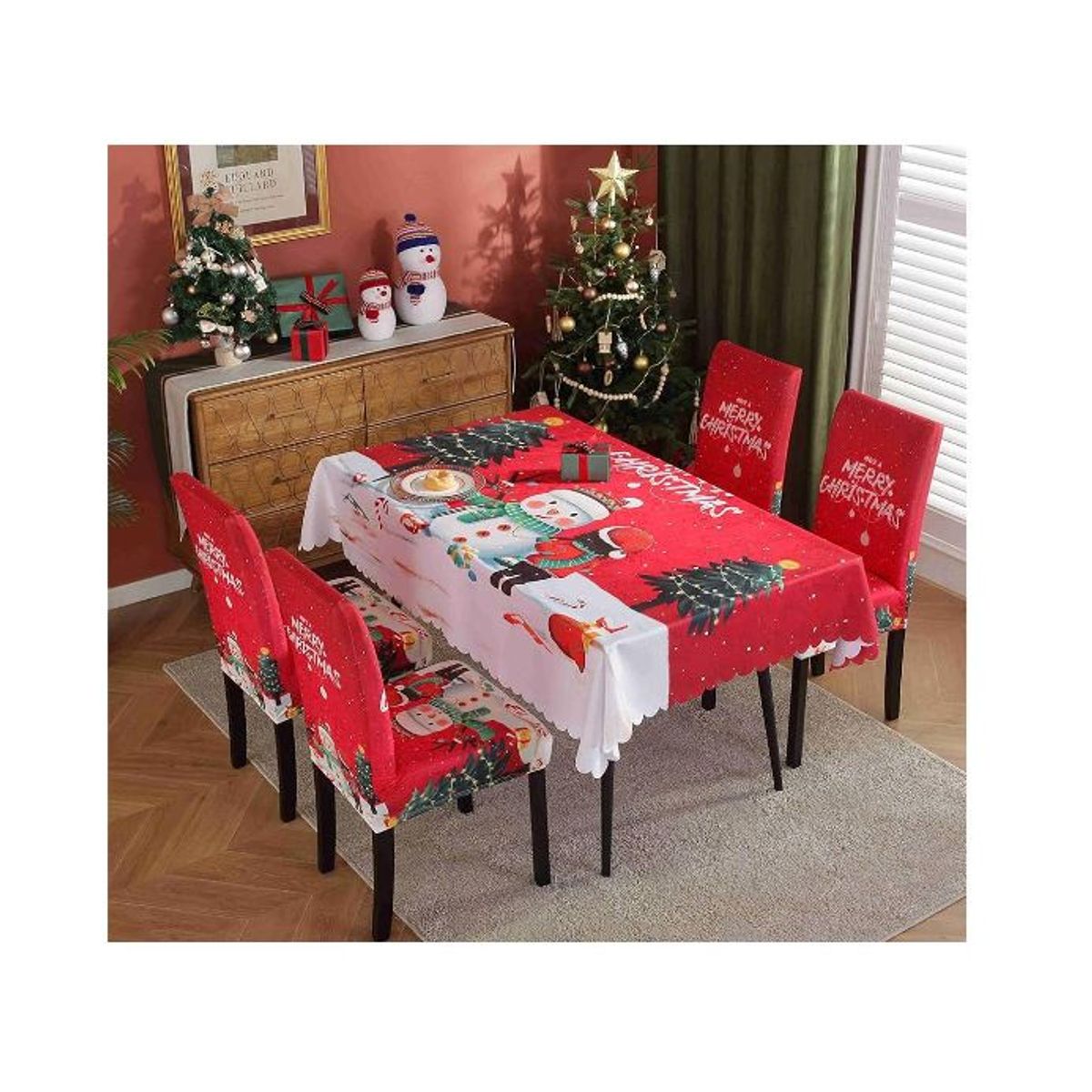 GENERICO - Mantel Navideño + 04 Forros Funda De Silla Decoración Navidad Pack 5 unds