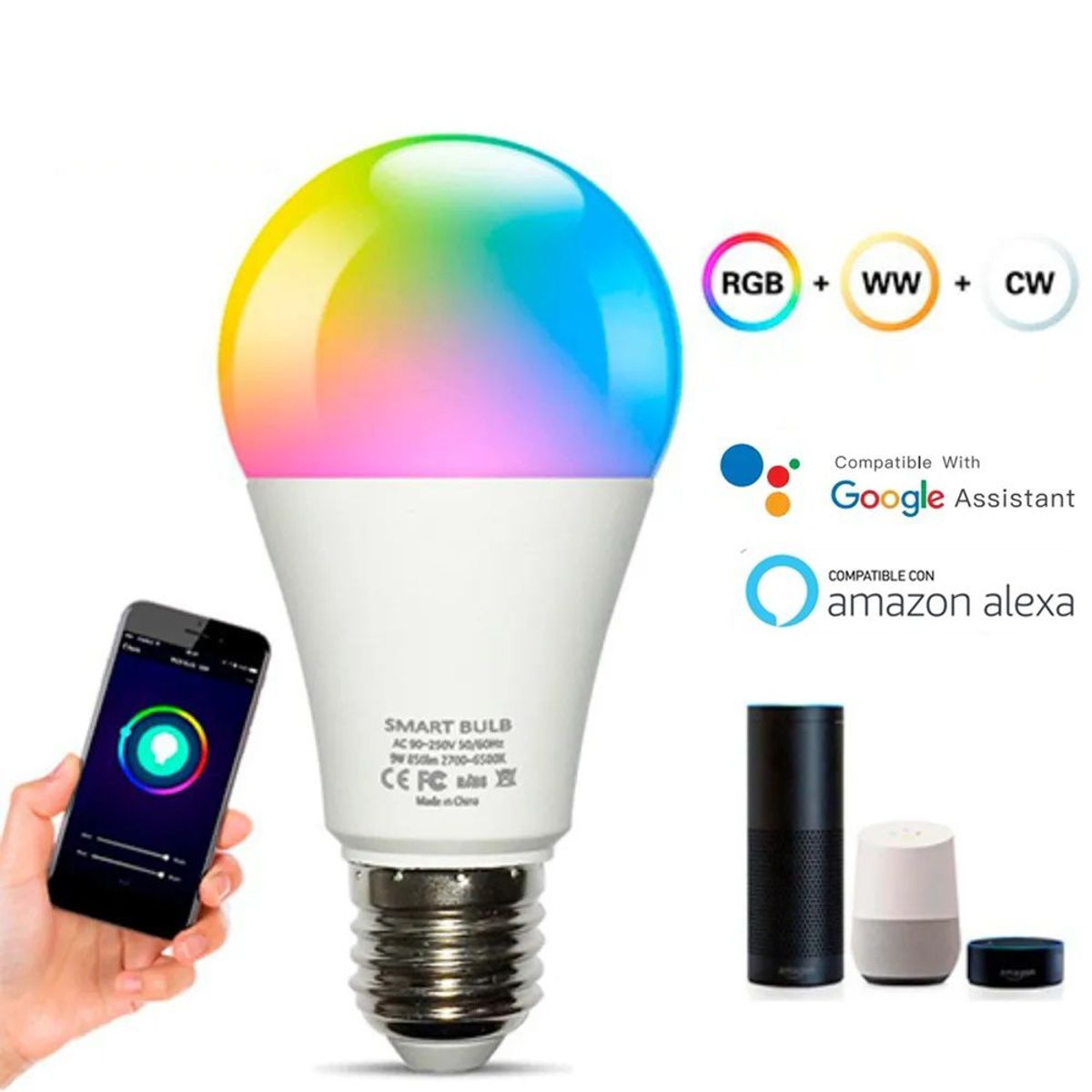 OEM - Foco Led Inteligente WiFi para Amazon Alexa y Google Luz blanca y RGB