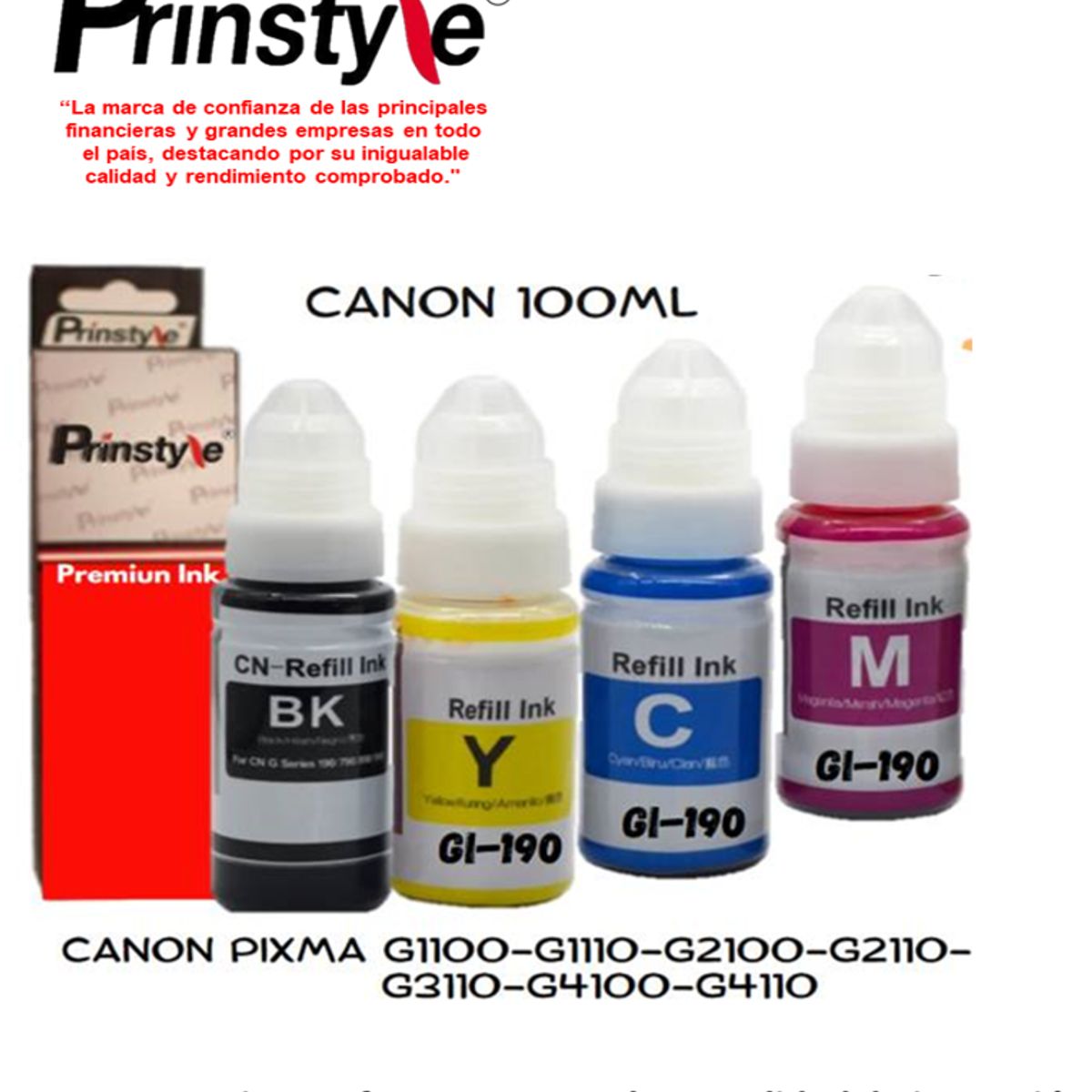PRINSTYLE - PACK DE TINTAS  COMPATIBLES GI190 CANON 100ML  (04 COLORES B-C-Y-M)