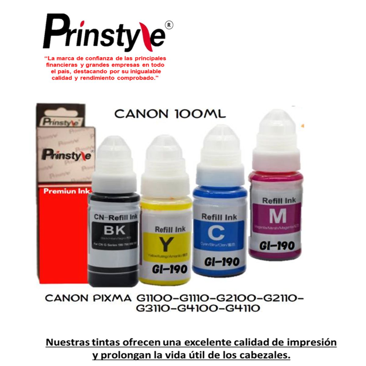 PRINSTYLE - PACK DE TINTAS  COMPATIBLES GI190 CANON 100ML  (04 COLORES B-C-Y-M)