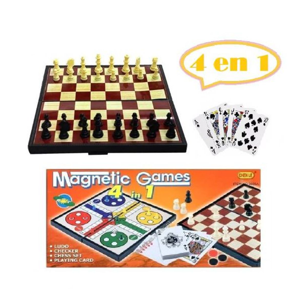 GENERICO - Tablero Ajedrez 4 en 1 Imantado con Caja de Casino Rojo