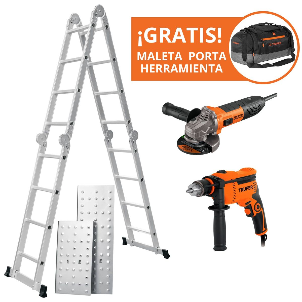 TRUPER - COMBO Escalera multiposición 16 peldaños AMOLADORA 850w TALADRO 600W