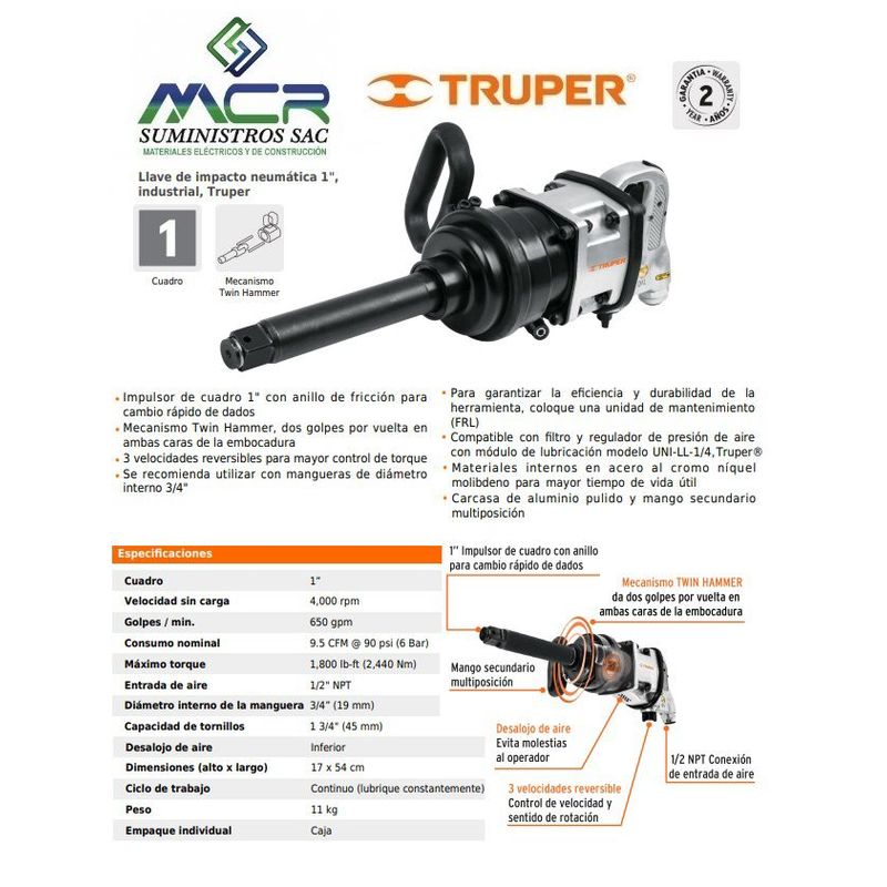 TRUPER - Llave de impacto neumática 1 pulgada industrial 11186 Truper