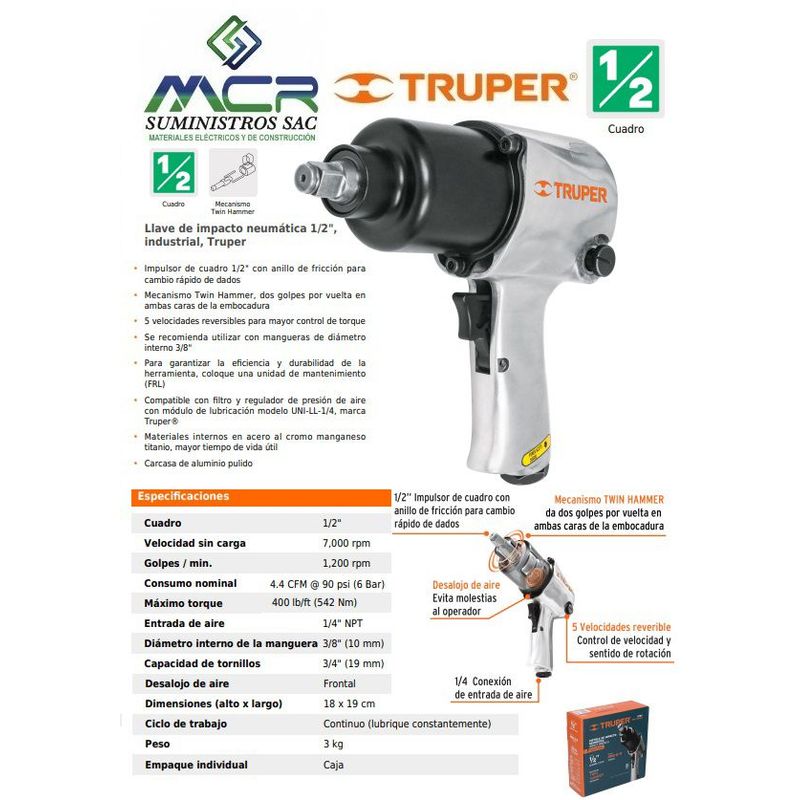TRUPER - Llave de impacto neumática media pulgada industrial Truper