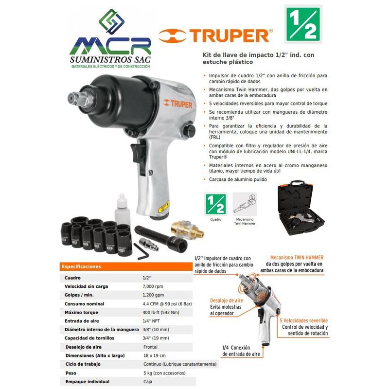 TRUPER - Kit llave de impacto neumático 12Pulgadas10 DADOS  MALETA18281 truper
