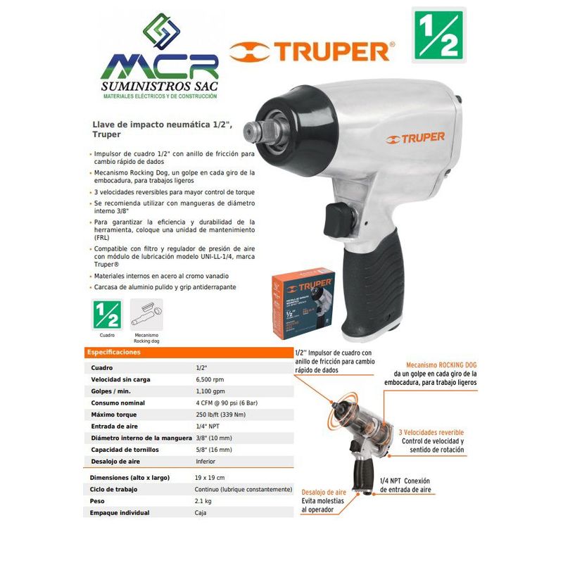 TRUPER - Llave de impacto neumática 1/2" (media pulgada) 18242 Truper