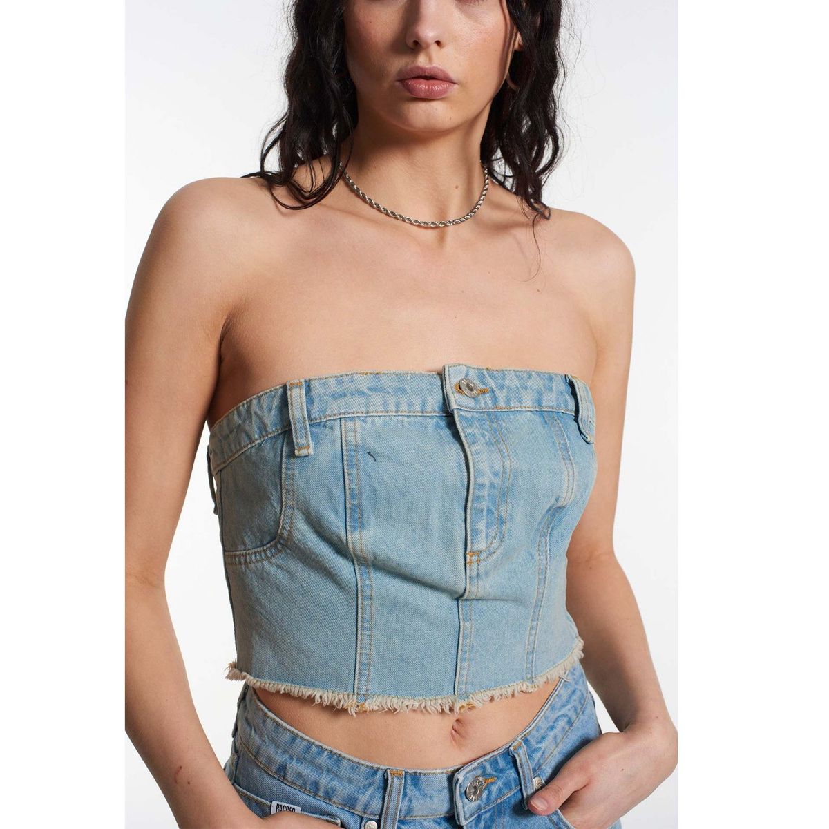 DENISASAA - Chaleco de corsé de mujer sexy de moda con top de tubo de mezclilla