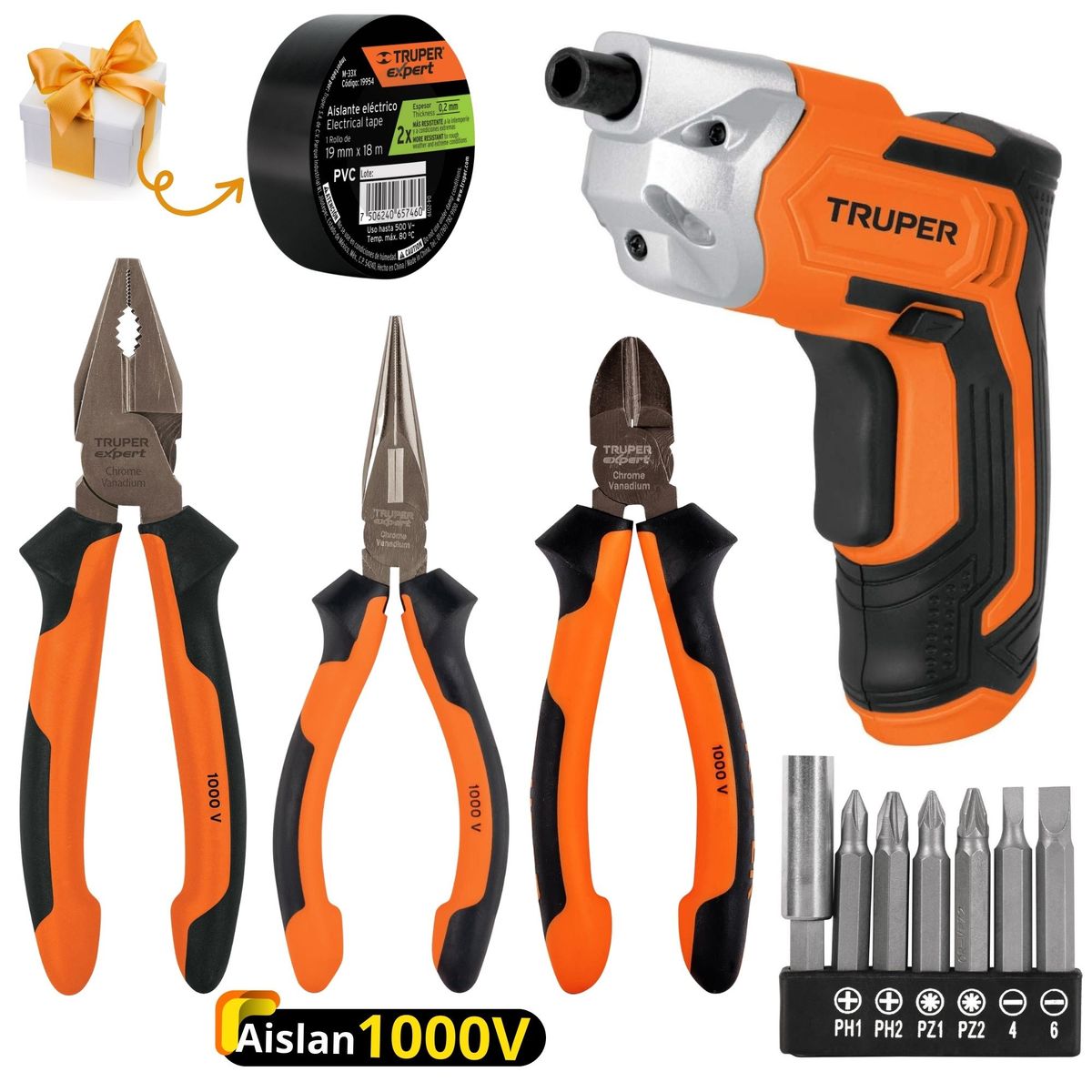 TRUPER - KIT, DESTORNILLADOR INALAMBRICO, 3 ALICATES DIELECTRICOS 1000V, TRUPER