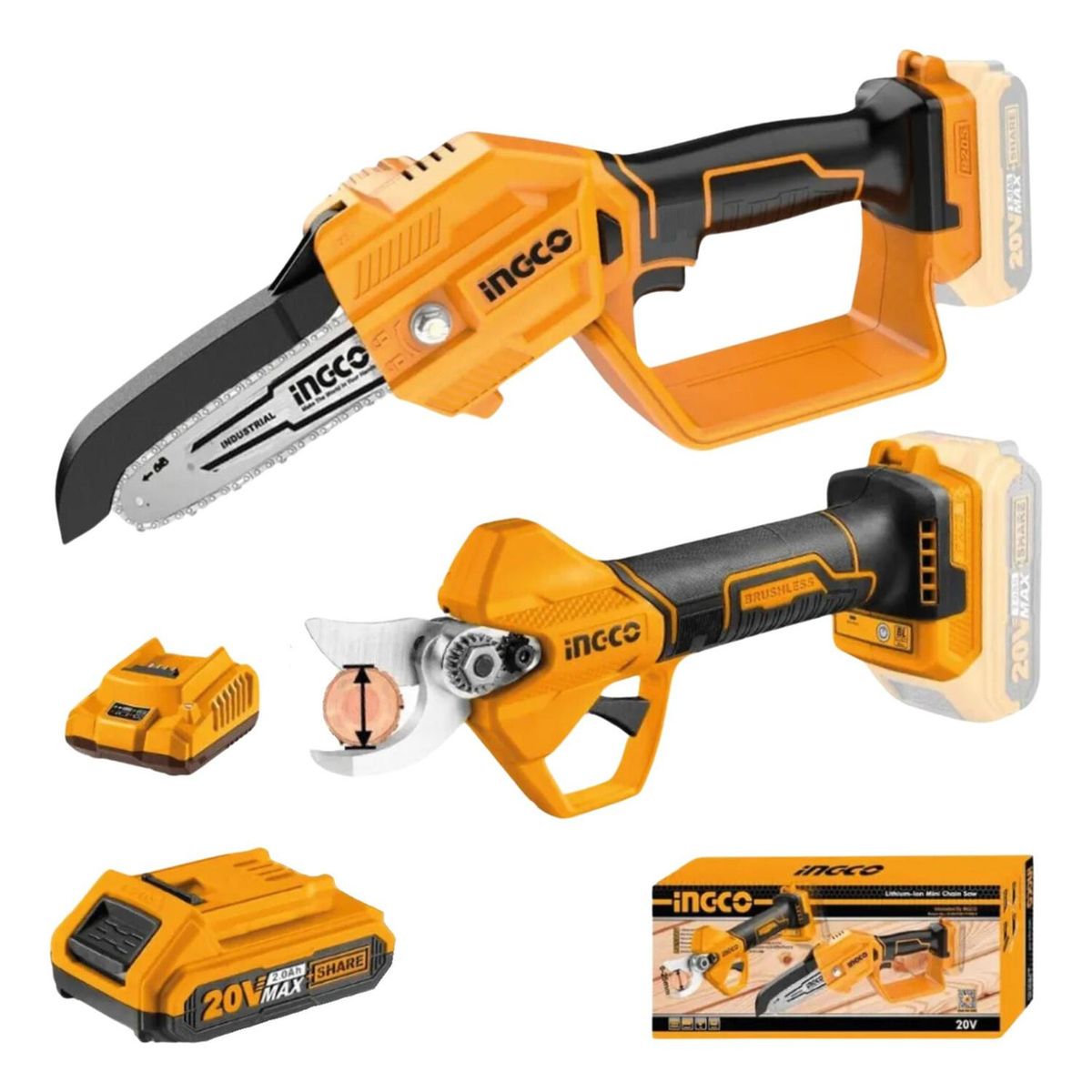 INGCO - Motosierra  Tijera de Poda Incluye cargador y bateria Ingco