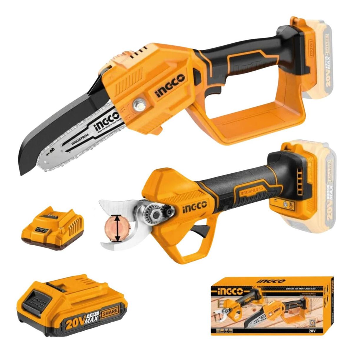 INGCO - Motosierra  Tijera de Poda Incluye cargador y bateria Ingco