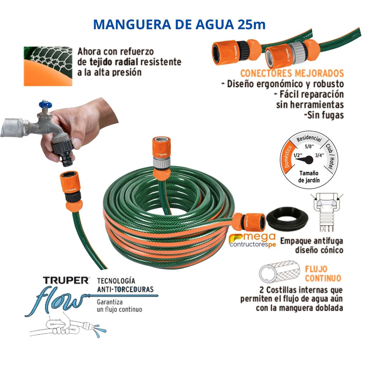 TRUPER - Combo manguera de riego 12X25m pistola metálico de riego Truper