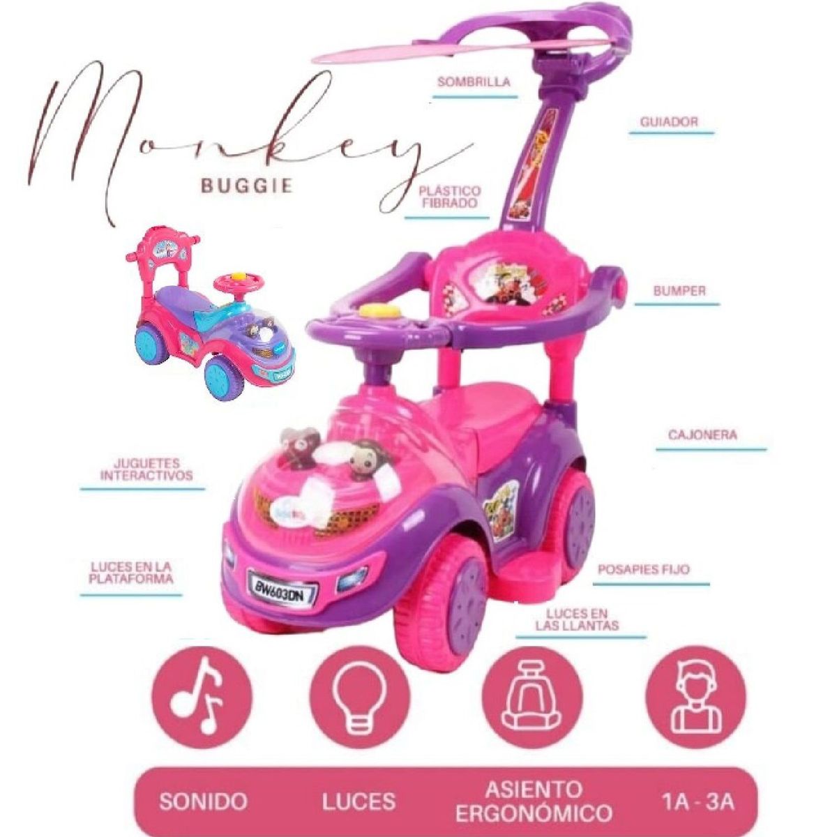 GENERICO - Buggy Corre Pasillos Musical y luces Monkey Rosa