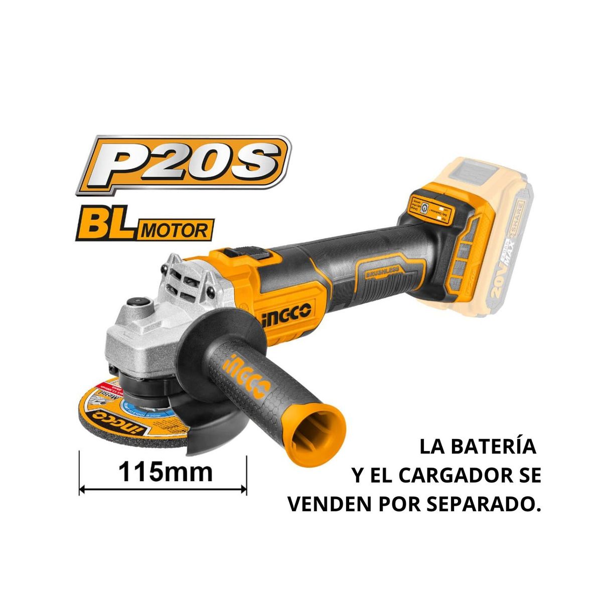 INGCO TOOLS - Amoladora Esmeril Angular Inalambrico 4 1/2 20v  Ingco