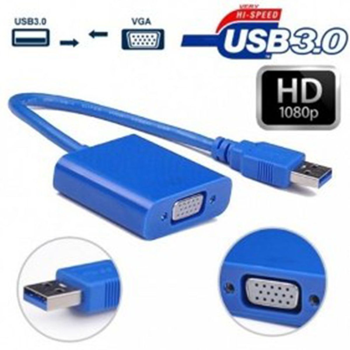 GENERICO - Convertidor USB 3.0 A VGA Compatible 2.0 Adaptador Conversor Azul