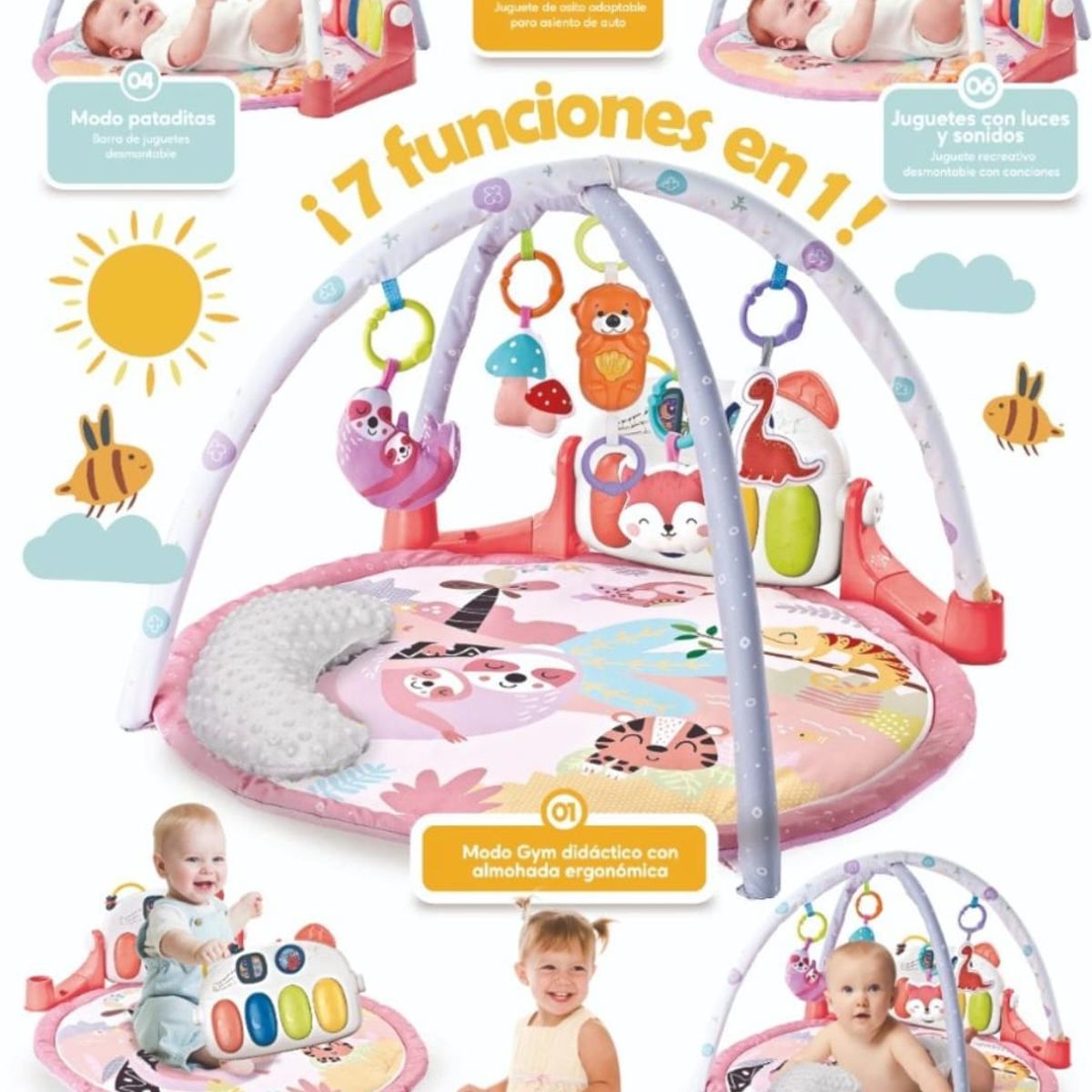 BABY CAM - Gimnasio para Bebe Piano Musical 7 en 1 Rosa