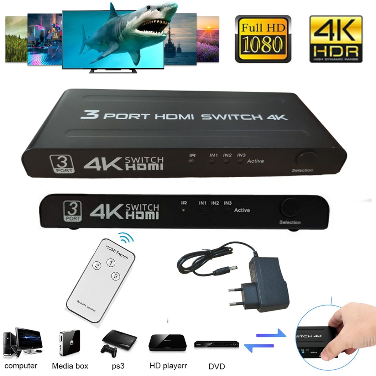 GENERICO - Hdmi Switch 3 x 1 4k ULTRA HD con control remoto multiplica hdmi 3 x 1