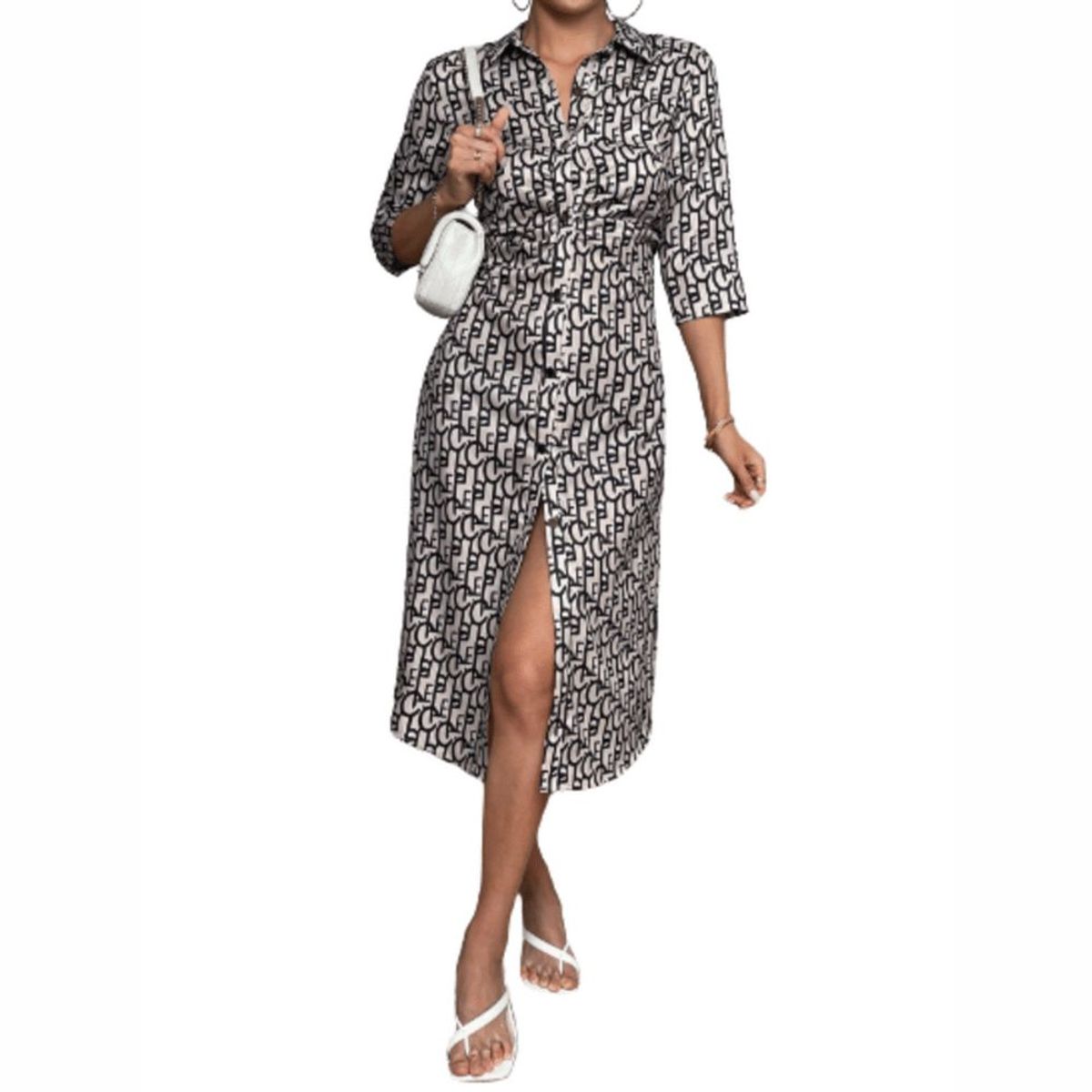 GENERICO - SHEIN Vestido Camisero con Estampado con Botón Delantero