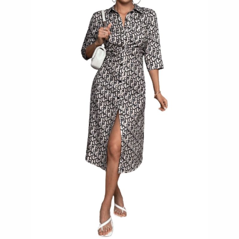 GENERICO - SHEIN Vestido Camisero con Estampado con Botón Delantero