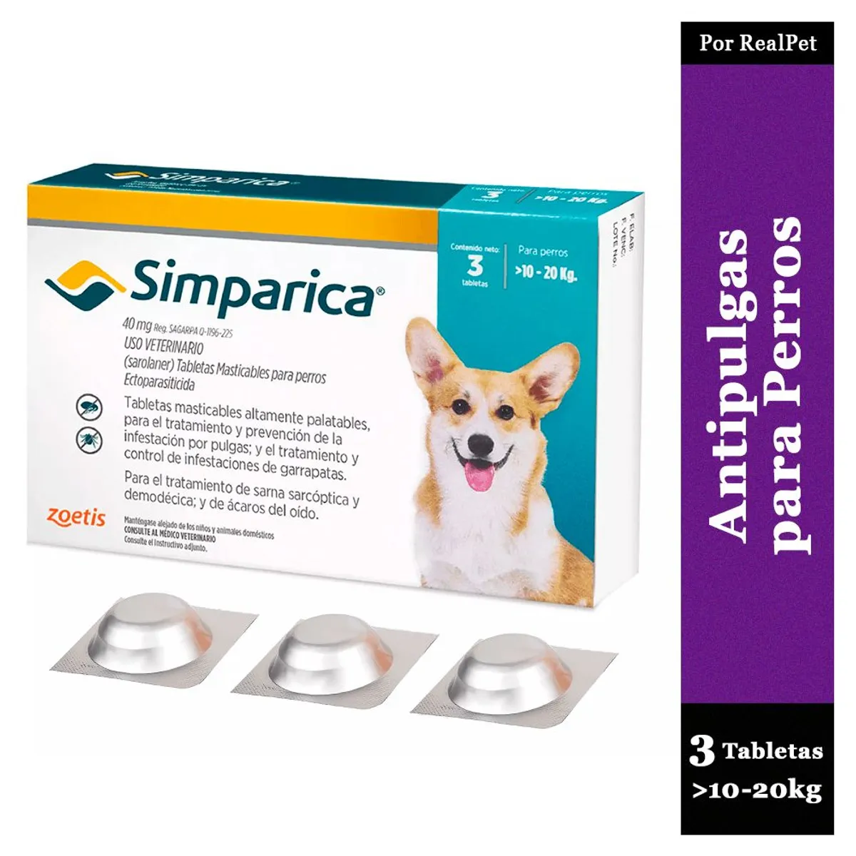 SIMPARICA - Antipulga Masticable Simparica Perros 10 - 20 kg 3 Tabletas
