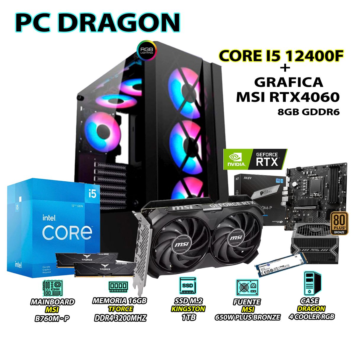 INTEL - Computadora PC Gamer Intel Core i5 12400F RAM 16GB SSD 1TB RTX 4060 8GB