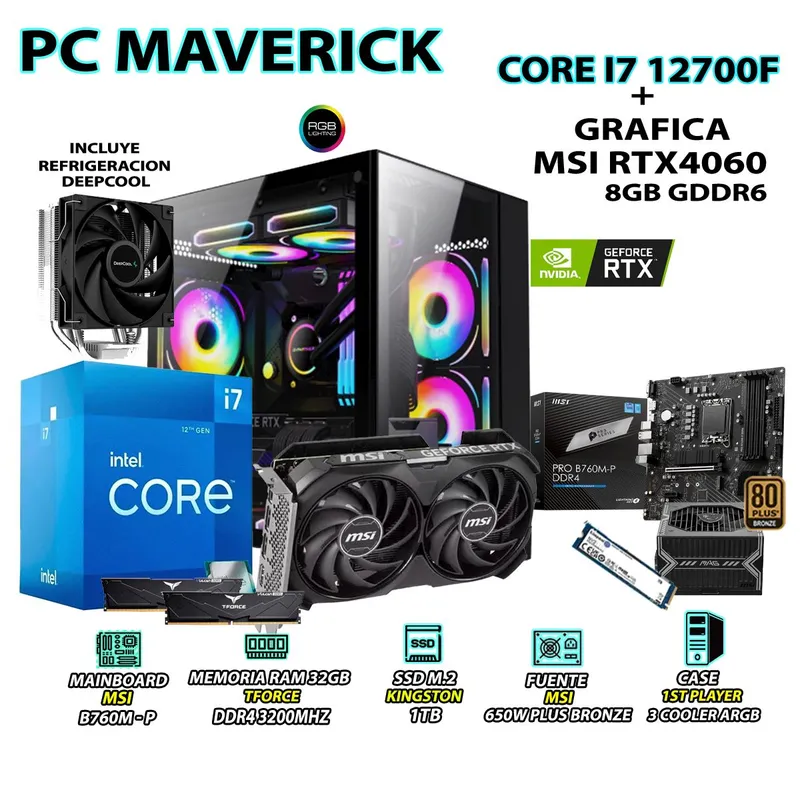 INTEL - Computadora PC Gamer Core i7 12700F RAM 32GB SSD 1TB GRAFICA RTX 4060 8GB