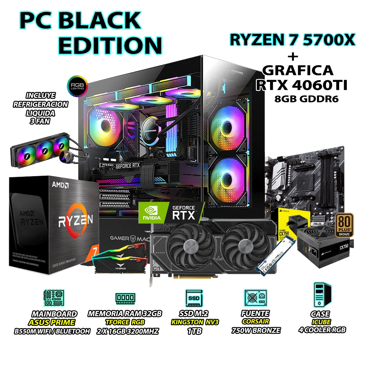 AMD - Computadora PC RYZEN 7 5700X RAM 32GB SSD 1TB GRAFICA RTX 4060TI 8GB