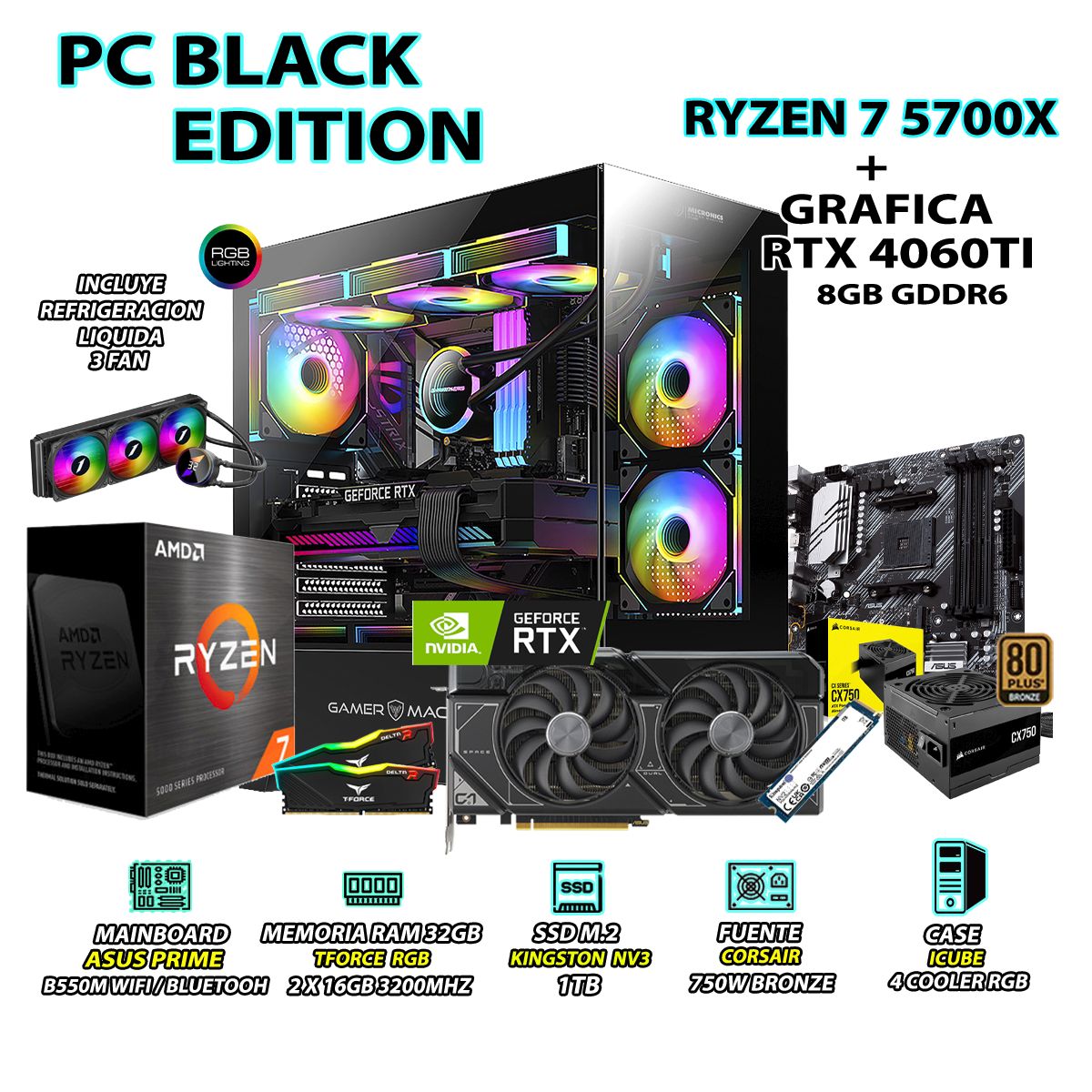 AMD - Computadora PC RYZEN 7 5700X RAM 32GB SSD 1TB GRAFICA RTX 4060TI 8GB
