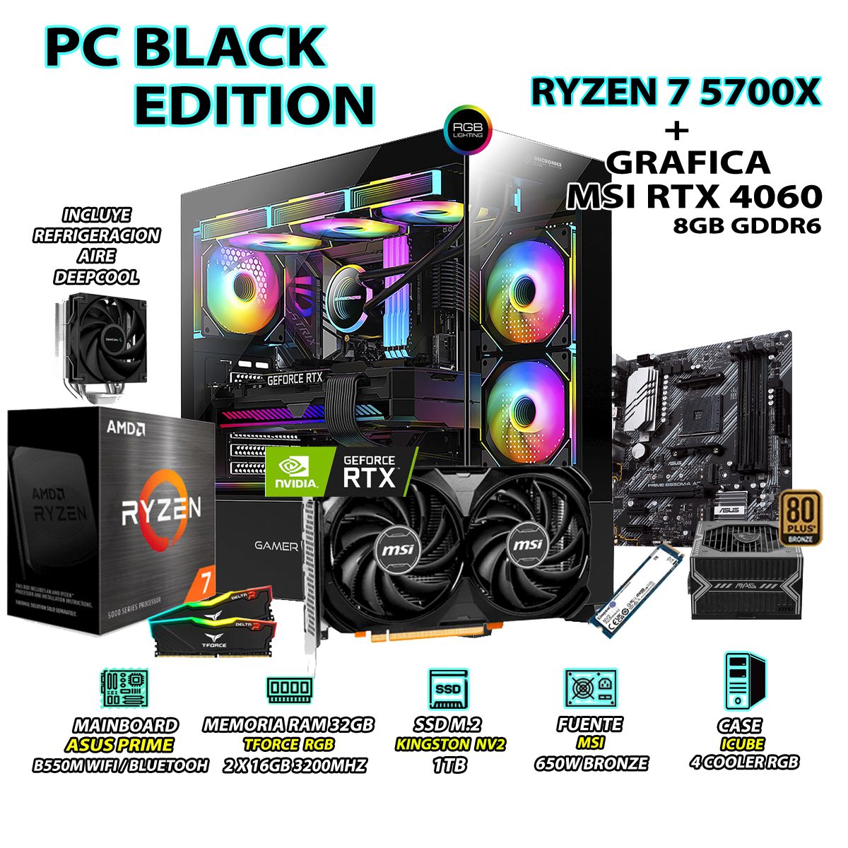 AMD - Computadora PC RYZEN 7 5700X RAM 32GB SSD 1TB GRAFICA RTX 4060 8GB