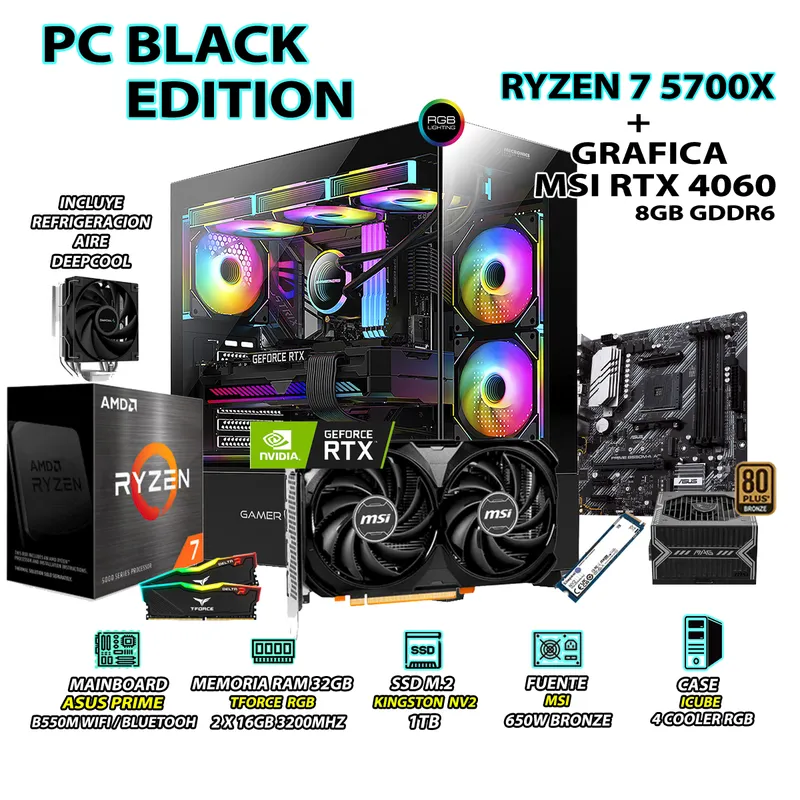AMD - Computadora PC RYZEN 7 5700X RAM 32GB SSD 1TB GRAFICA RTX 4060 8GB