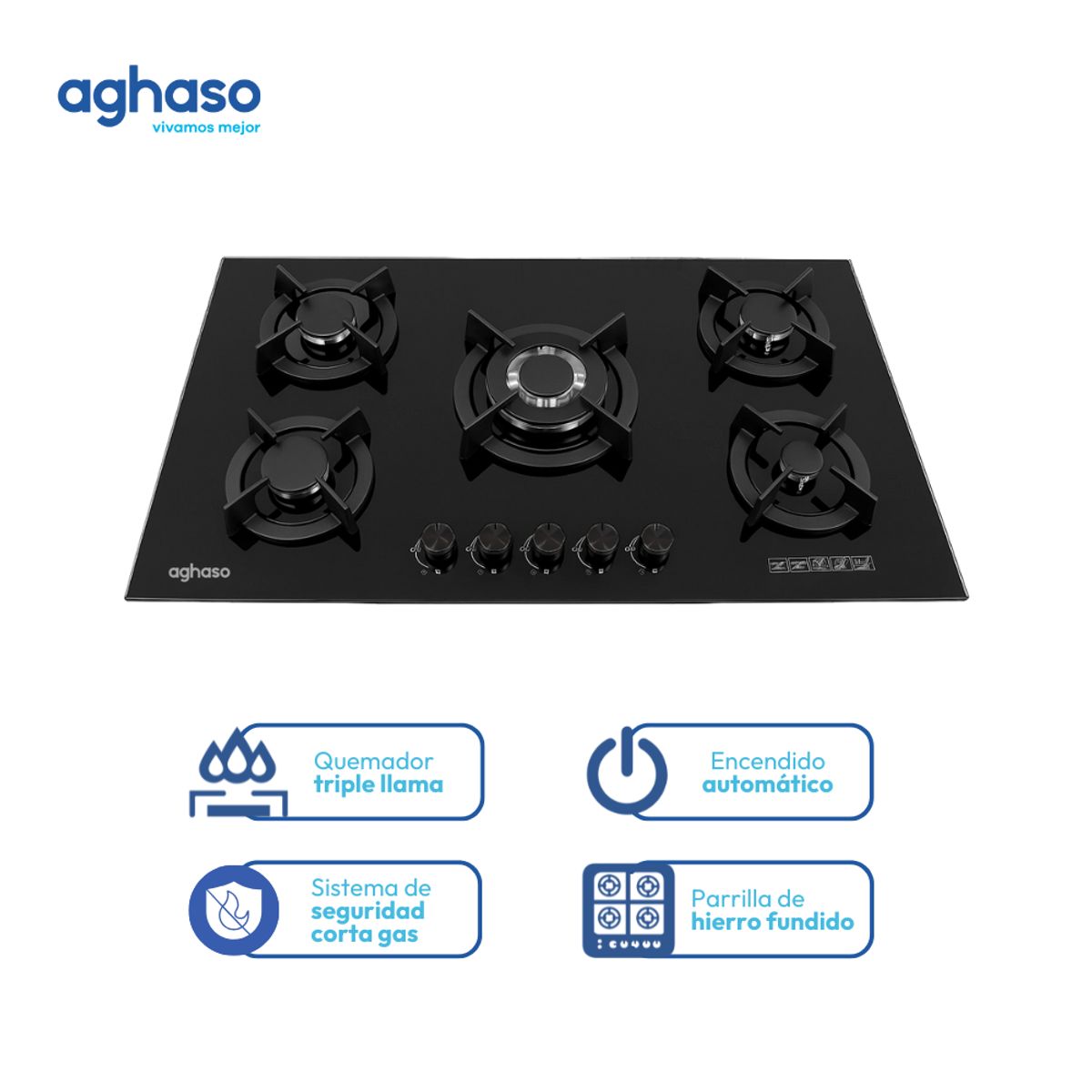 AGHASO - Encimera 5 hornillas aghaso vidrio templado 90cm glp