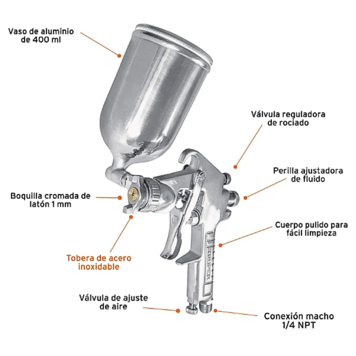 TRUPER - KIT PISTOLA DE AIRE PARA PINTAR PROFESIONAL MANGUERA 5 METROS TRUPER