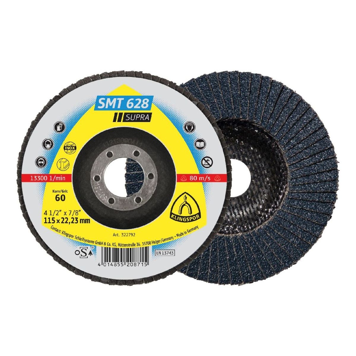 KLINGSPOR - Disco Flap 4 1/2" G60 /115x22.2mm Centro concavo - Pack x 20  und