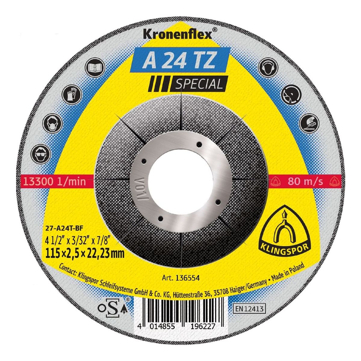 KLINGSPOR - Disco Corte 4 1/2"/115x2.5x22.23mm Centro cóncavo - Pack x 50 und