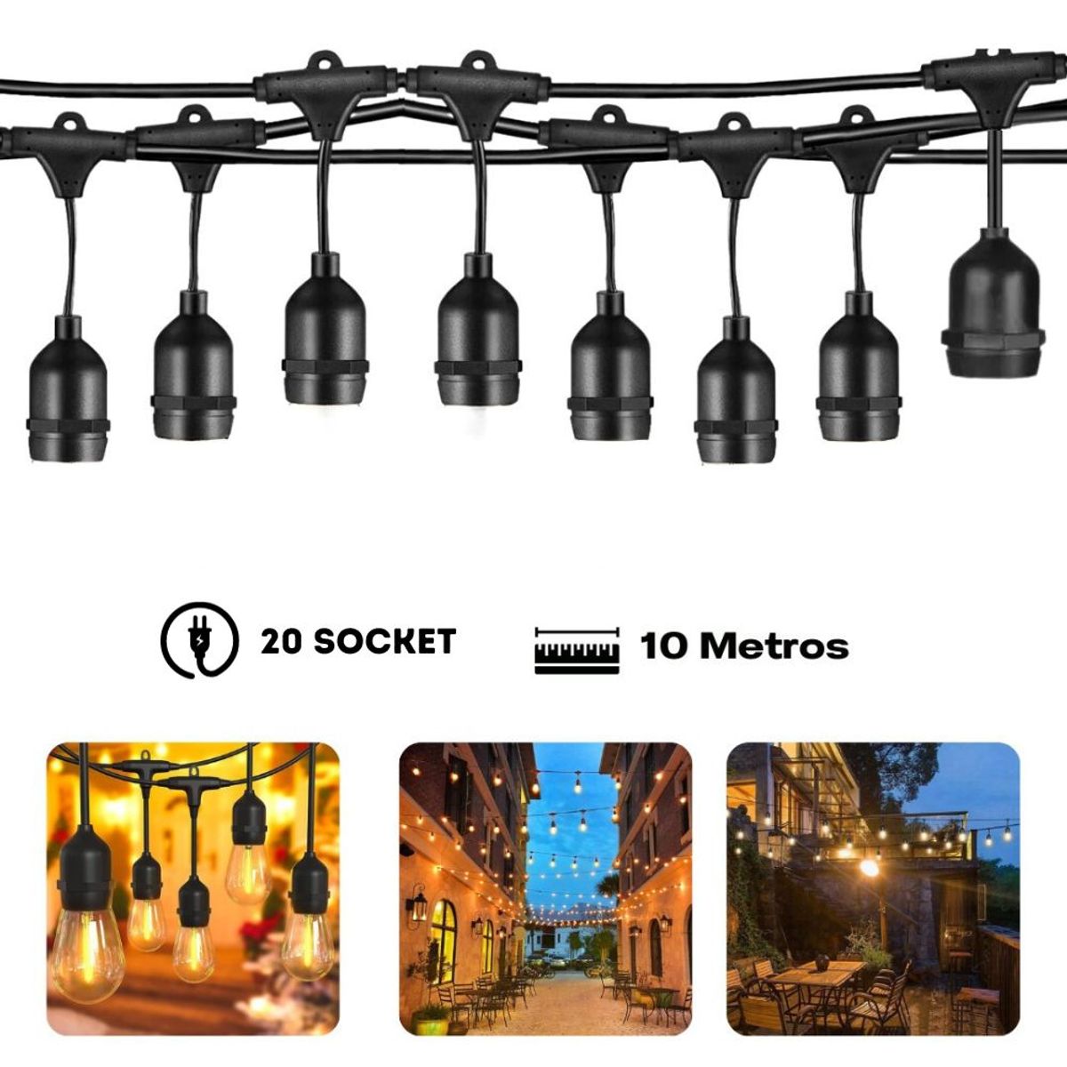 GENERICO - Cable Sockets para Luces Guirnalda Socket 10 metros y 20 Focos Colgante Exterior