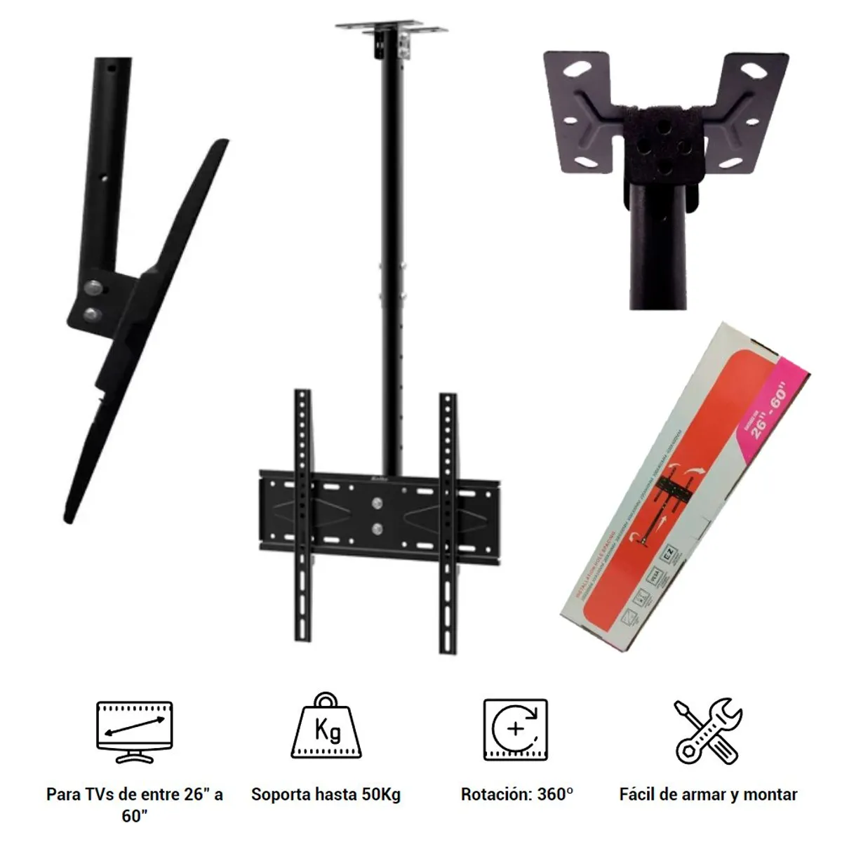 SEISA - Rack 26 a 60 pulgadas De Techo para tv Colgante o Pared Negro