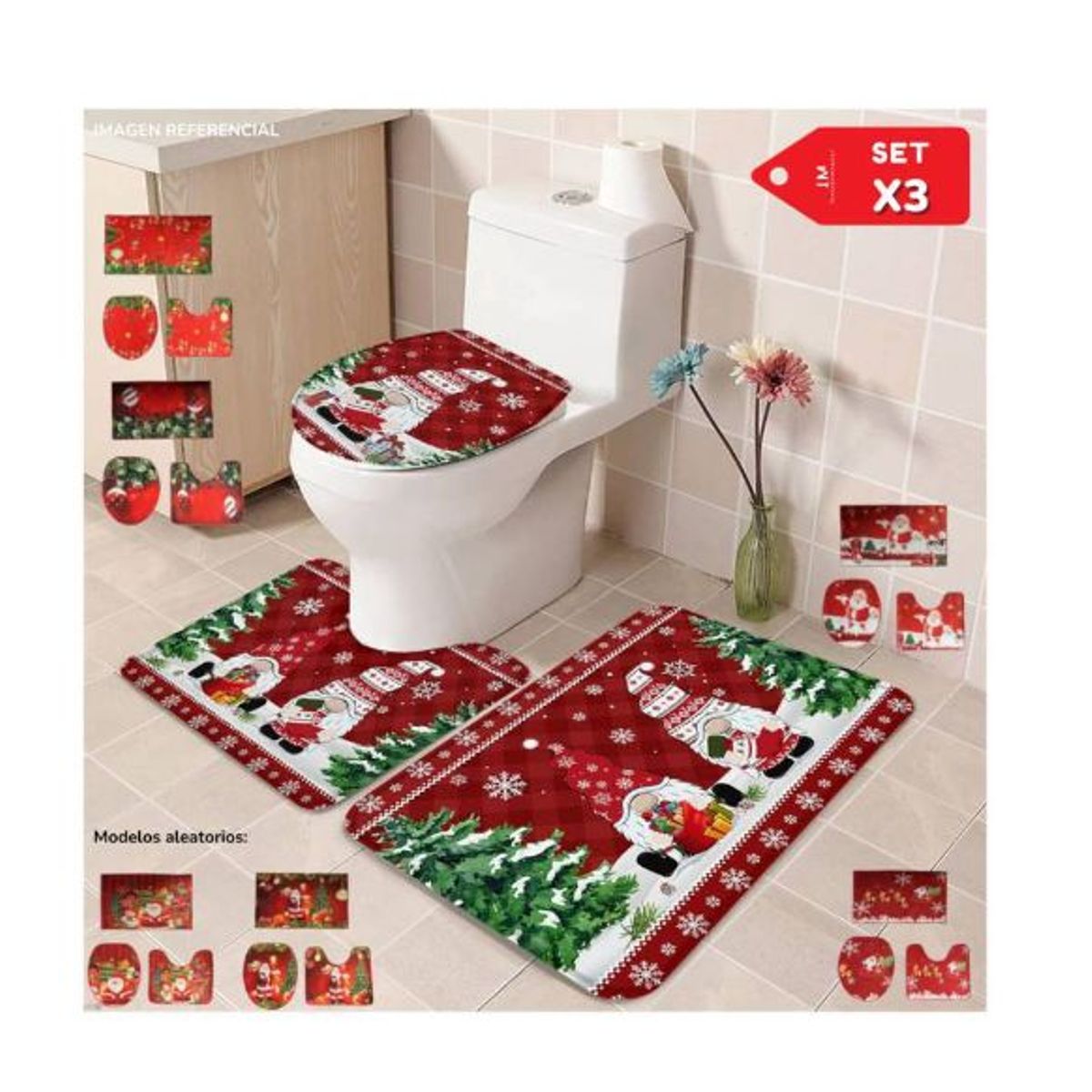GENERICO - Juego x3 de tapete de baño navideño con estampado para inodoro